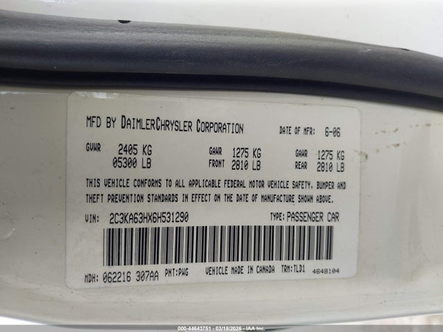 44643751 :رقم المزاد ، 2C3KA63HX6H531290 vin ، 2006 Chrysler 300c مزاد بيع
