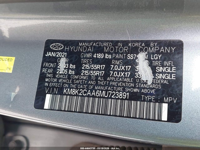 Aukcja sprzedaży 2021 Hyundai Kona Sel, vin: KM8K2CAA6MU723891, numer aukcji: 44643755