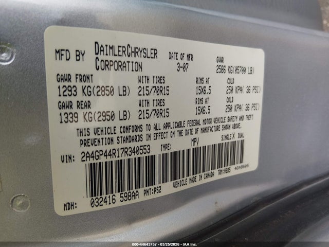 44643757 :رقم المزاد ، 2A4GP44R17R340553 vin ، 2007 Chrysler Town & Country Lx مزاد بيع