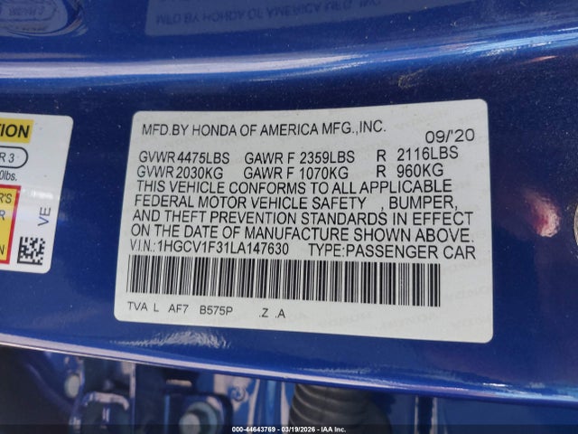 2020 Honda Accord Sport მანქანა იყიდება აუქციონზე, vin: 1HGCV1F31LA147630, აუქციონის ნომერი: 44643769