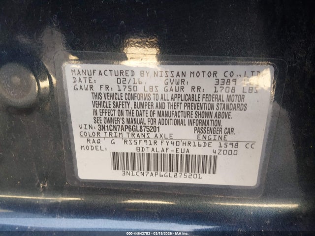 Nissan Versa 1.6 S 2016 3N1CN7AP6GL875201 Image 9