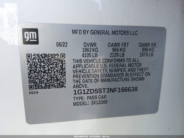 1G1ZD5ST3NF166638 Chevrolet Malibu Fwd Lt