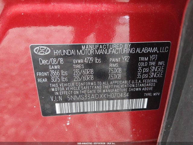 Aukcja sprzedaży 2019 Hyundai Santa Fe Sel Plus, vin: 5NMS33ADXKH070434, numer aukcji: 44643792