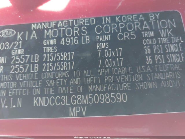 KNDCC3LG8M5098590 KIA Niro Ev Ex