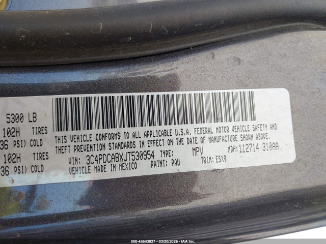 44643827 :رقم المزاد ، 3C4PDCABXJT530954 vin ، 2018 Dodge Journey Se مزاد بيع
