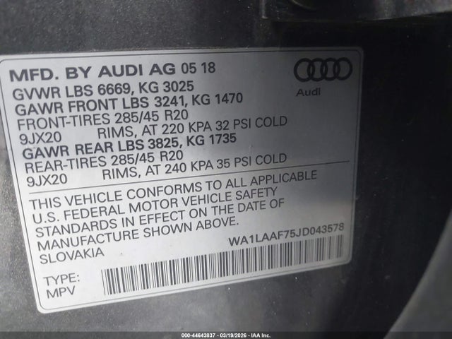 Продажа на аукционе авто 2018 Audi Q7 3.0t Premium, vin: WA1LAAF75JD043578, номер лота: 44643837