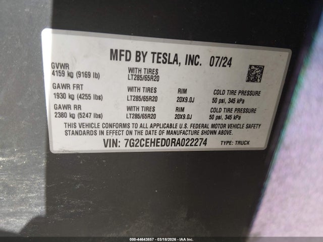 2024 Tesla Cybertruck All-wheel Drive მანქანა იყიდება აუქციონზე, vin: 7G2CEHED0RA022274, აუქციონის ნომერი: 44643857