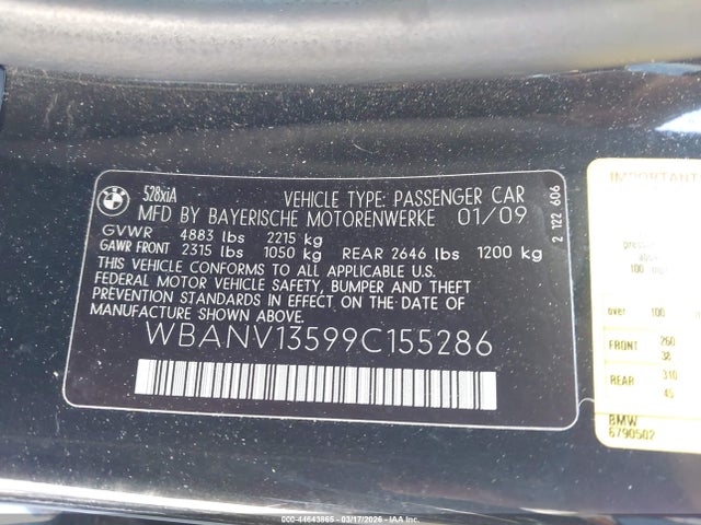 Продаж на аукціоні авто 2009 Bmw 528i Xdrive, vin: WBANV13599C155286, номер лоту: 44643865