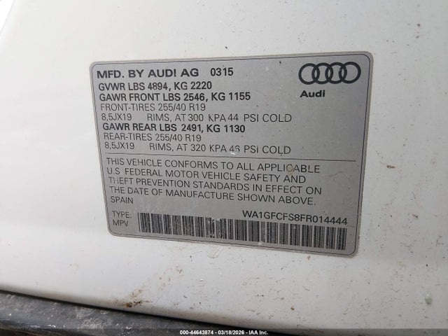 Aukcja sprzedaży 2015 Audi Q3 2.0t Premium Plus, vin: WA1GFCFS8FR014444, numer aukcji: 44643874