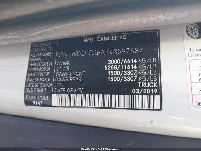 44643882 :رقم المزاد ، WD3PG3EA7K3597687 vin ، 2019 Mercedes-benz Metris مزاد بيع