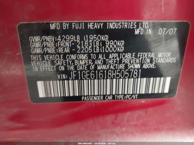 44643897 :رقم المزاد ، JF1GE61618H505781 vin ، 2008 Subaru Impreza 2.5i مزاد بيع