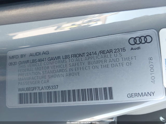 Aukcja sprzedaży 2020 Audi A3 Premium 45 Tfsi S Line Quattro S Tronic, vin: WAUBEGFF7LA105337, numer aukcji: 44643913