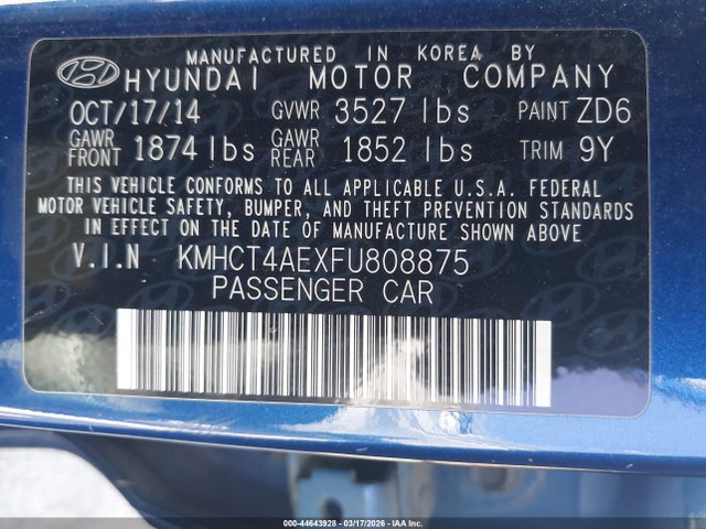 Hyundai ACCENT GLS 2015 KMHCT4AEXFU808875 Image 9