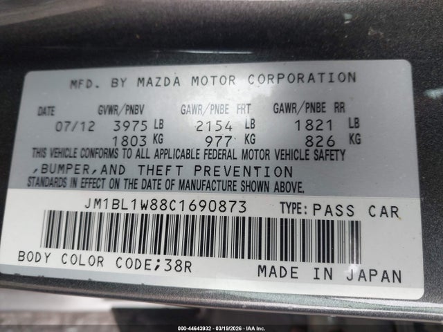 Aukcja sprzedaży 2012 Mazda Mazda3 I Grand Touring, vin: JM1BL1W88C1690873, numer aukcji: 44643932