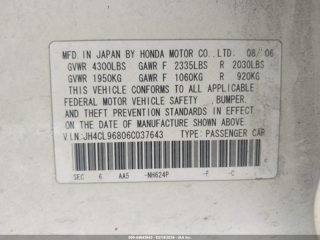 Продаж на аукціоні авто 2006 Acura Tsx, vin: JH4CL96806C037643, номер лоту: 44643942