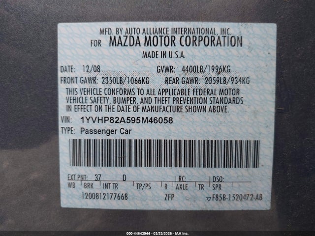 Продажа на аукционе авто 2009 Mazda Mazda6 I Touring, vin: 1YVHP82A595M46058, номер лота: 44643944