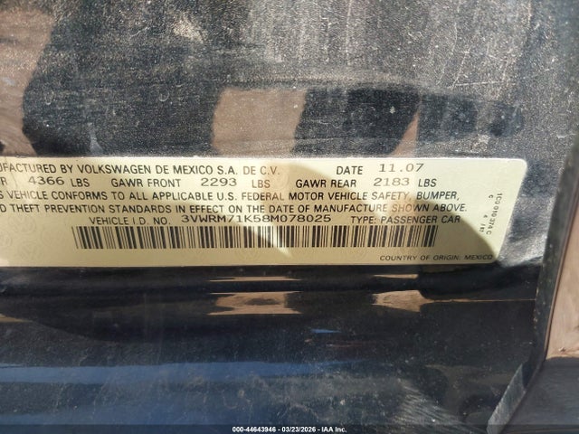 44643946 :رقم المزاد ، 3VWRM71K58M078025 vin ، 2008 Volkswagen Jetta Se/sel مزاد بيع