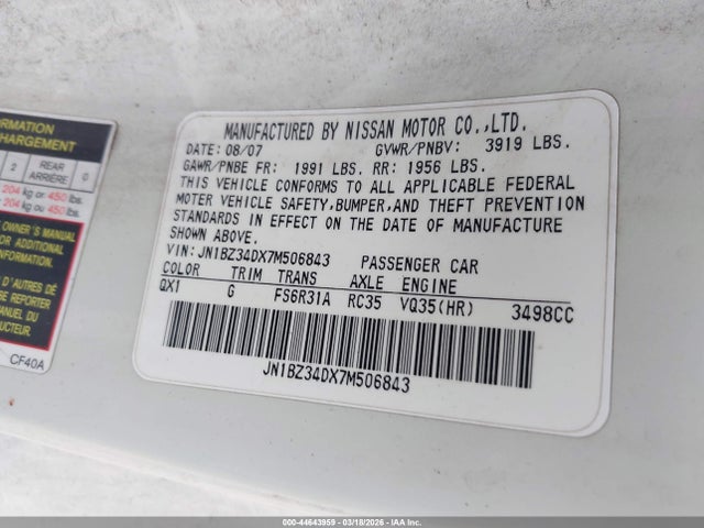 Aukcja sprzedaży 2007 Nissan 350z, vin: JN1BZ34DX7M506843, numer aukcji: 44643959