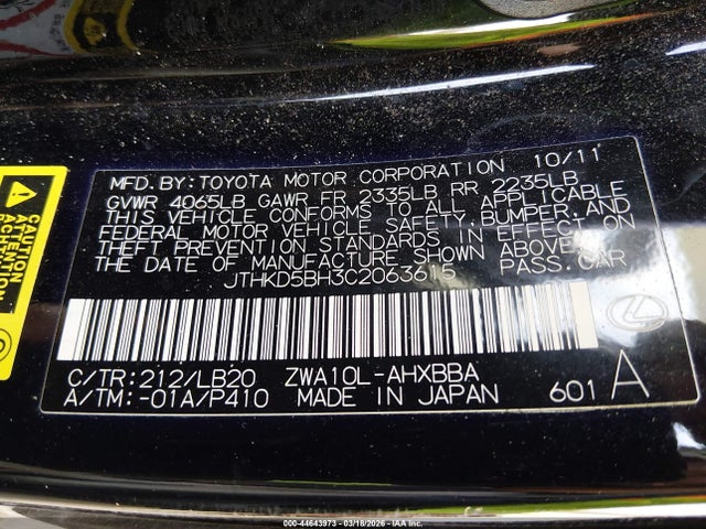 44643973 :رقم المزاد ، JTHKD5BH3C2063615 vin ، 2012 Lexus Ct 200h Premium مزاد بيع