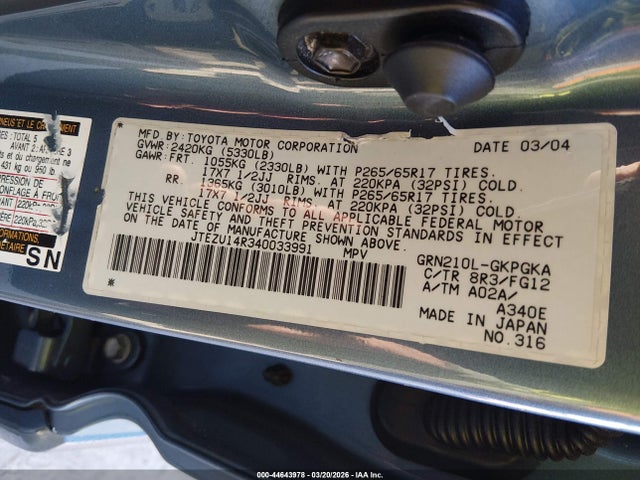 2004 TOYOTA 4RUNNER JTEZU14R340033991 Photo 8
