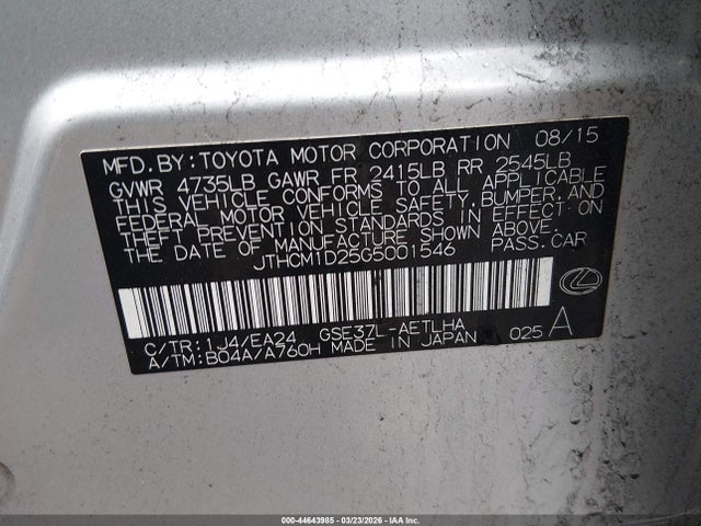 Aukcja sprzedaży 2016 Lexus Is 300, vin: JTHCM1D25G5001546, numer aukcji: 44643985