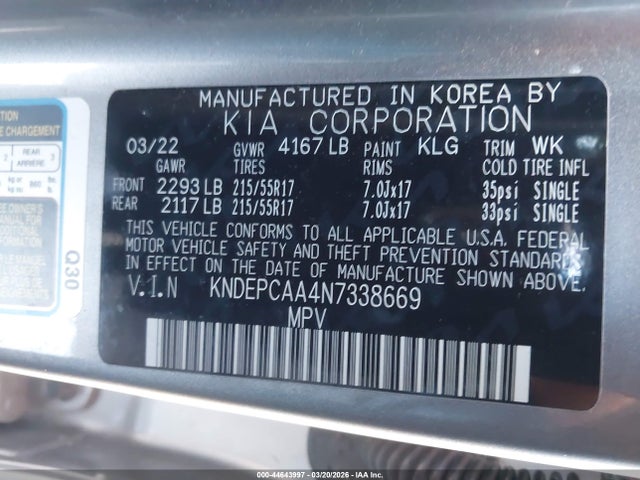 Aukcja sprzedaży 2022 Kia Seltos Lx, vin: KNDEPCAA4N7338669, numer aukcji: 44643997