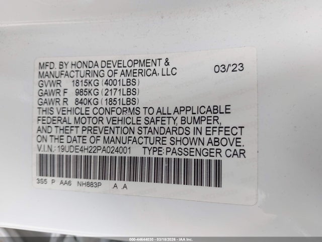 44644030 :رقم المزاد ، 19UDE4H22PA024001 vin ، 2023 Acura Integra مزاد بيع