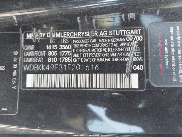 Aukcja sprzedaży 2001 Mercedes-benz Slk 230 Kompressor, vin: WDBKK49F31F201616, numer aukcji: 44644031