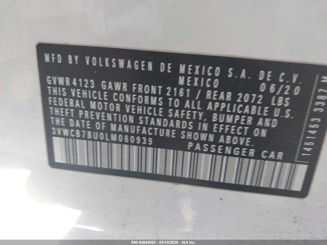 Aukcja sprzedaży 2020 Volkswagen Jetta 1.4t R-line/1.4t S/1.4t Se, vin: 3VWCB7BU0LM060939, numer aukcji: 44644052