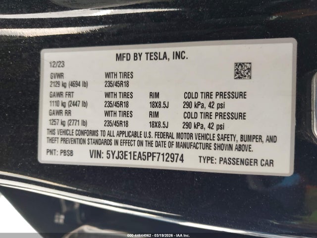 Aukcja sprzedaży 2023 Tesla Model 3 Rear-wheel Drive, vin: 5YJ3E1EA5PF712974, numer aukcji: 44644062