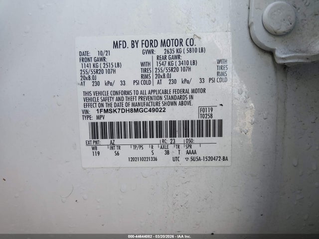 Aukcja sprzedaży 2021 Ford Explorer Xlt, vin: 1FMSK7DH8MGC49022, numer aukcji: 44644082