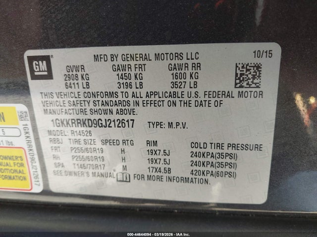 Aukcja sprzedaży 2016 Gmc Acadia Slt-1, vin: 1GKKRRKD9GJ212617, numer aukcji: 44644094