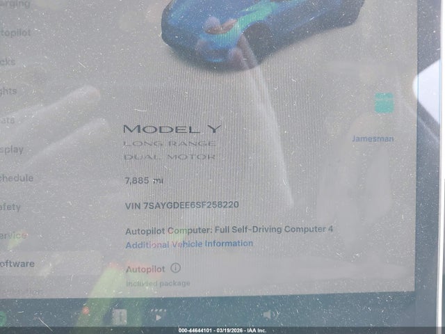 44644101 :رقم المزاد ، 7SAYGDEE6SF258220 vin ، 2025 Tesla Model Y Long Range Dual Motor All-wheel Drive مزاد بيع