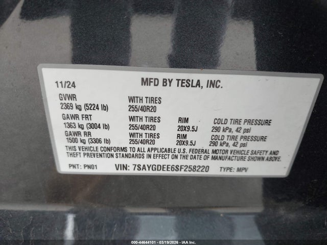 44644101 :رقم المزاد ، 7SAYGDEE6SF258220 vin ، 2025 Tesla Model Y Long Range Dual Motor All-wheel Drive مزاد بيع