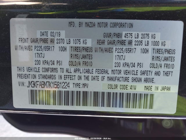 44644112 :رقم المزاد ، JM3KFABM7K1581224 vin ، 2019 Mazda Cx-5 Sport مزاد بيع
