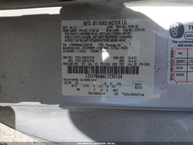 Aukcja sprzedaży 2012 Ford Mustang V6 Premium, vin: 1ZVBP8AM6C5230134, numer aukcji: 44644128