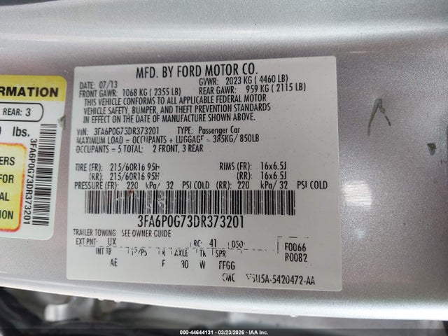 44644131 :رقم المزاد ، 3FA6P0G73DR373201 vin ، 2013 Ford Fusion S مزاد بيع