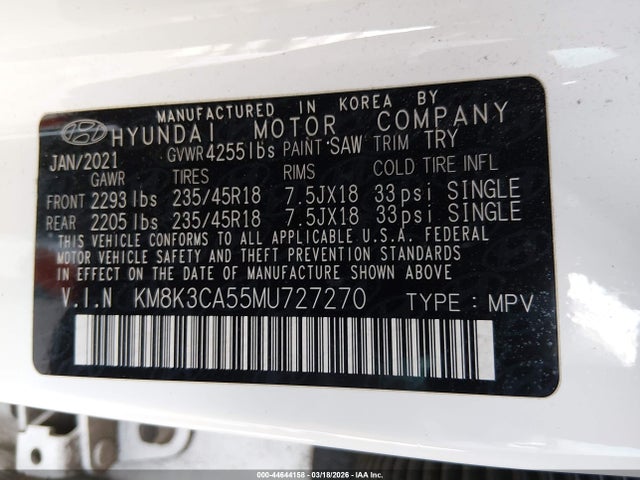 KM8K3CA55MU727270 Hyundai Kona Limited