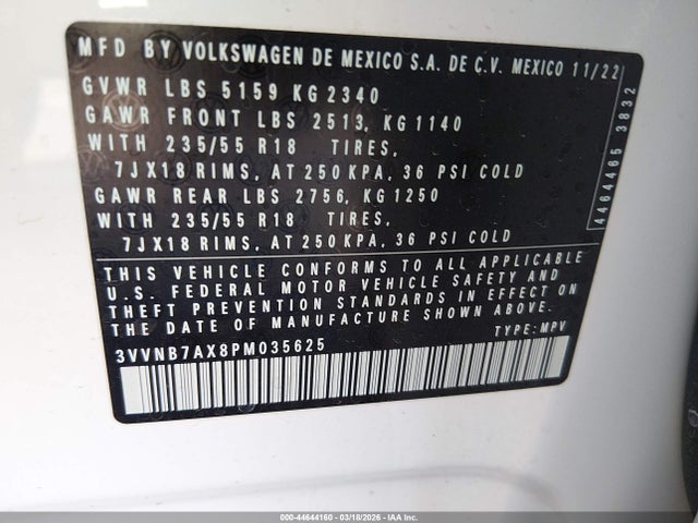 2023 Volkswagen Tiguan 2.0t Se მანქანა იყიდება აუქციონზე, vin: 3VVNB7AX8PM035625, აუქციონის ნომერი: 44644160
