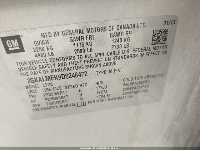 Aukcja sprzedaży 2013 Gmc Terrain Sle-1, vin: 2GKALMEK9D6248472, numer aukcji: 44644166