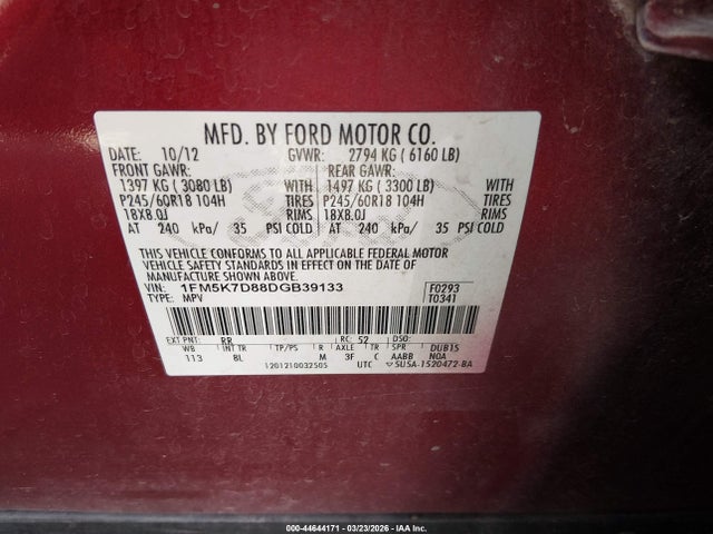 44644171 :رقم المزاد ، 1FM5K7D88DGB39133 vin ، 2013 Ford Explorer Xlt مزاد بيع