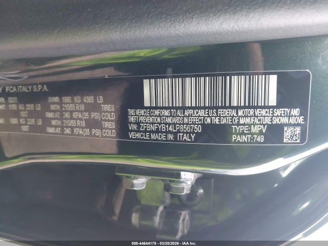 44644178 :رقم المزاد ، ZFBNFYB14LP856750 vin ، 2020 Fiat 500x Trekking Awd مزاد بيع