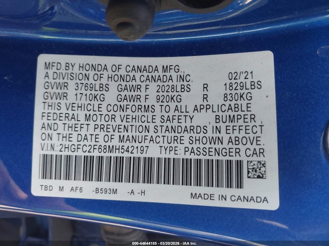 2021 HONDA CIVIC 2HGFC2F68MH542197 Photo 8