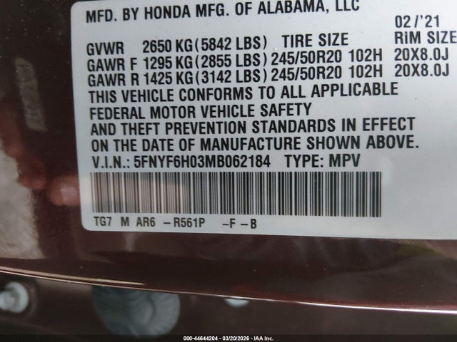 2021 HONDA PILOT 5FNYF6H03MB062184 Photo 8