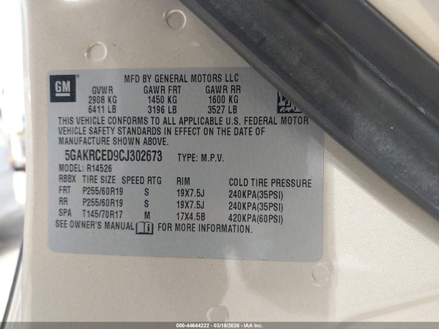Aukcja sprzedaży 2012 Buick Enclave Leather, vin: 5GAKRCED9CJ302673, numer aukcji: 44644222