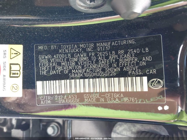 Aukcja sprzedaży 2017 Lexus Es 350, vin: 58ABK1GG0HU050725, numer aukcji: 44644235