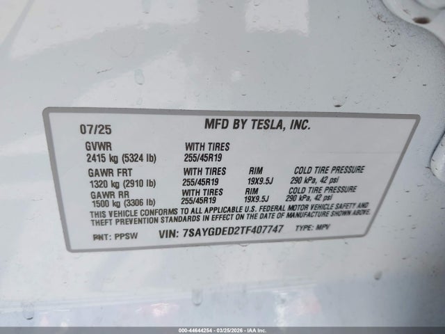 44644254 :رقم المزاد ، 7SAYGDED2TF407747 vin ، 2026 Tesla Model Y Premium Rear-wheel Drive/standard Rear-wheel Drive مزاد بيع
