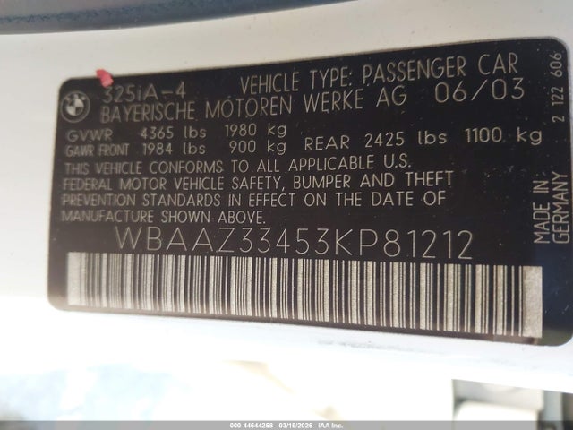 Продаж на аукціоні авто 2003 Bmw 325i, vin: WBAAZ33453KP81212, номер лоту: 44644258