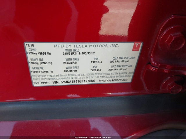 Aukcja sprzedaży 2016 Tesla Model S 90d/p100d/p85d/p90d, vin: 5YJSA1E41GF177658, numer aukcji: 44644261