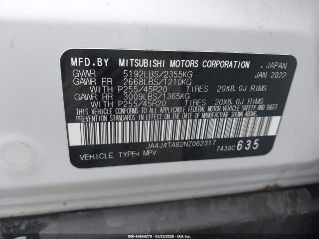 Aukcja sprzedaży 2022 Mitsubishi Outlander Es 2.5 S-awc, vin: JA4J4TA82NZ062317, numer aukcji: 44644279